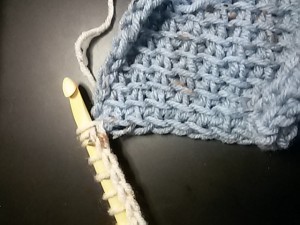 Pick up loops in the chain as before, and pick up one additional loop in the same space where you joined the yarn. 11 loops on hook. Return pass: yo, pull through 2 across (this way you decrease by 1 and still have a 10 stitch square)